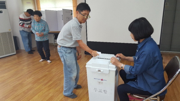 소화진달네집 지적장애인 기표소에서 기표 후 투표용지 투표함에 투입